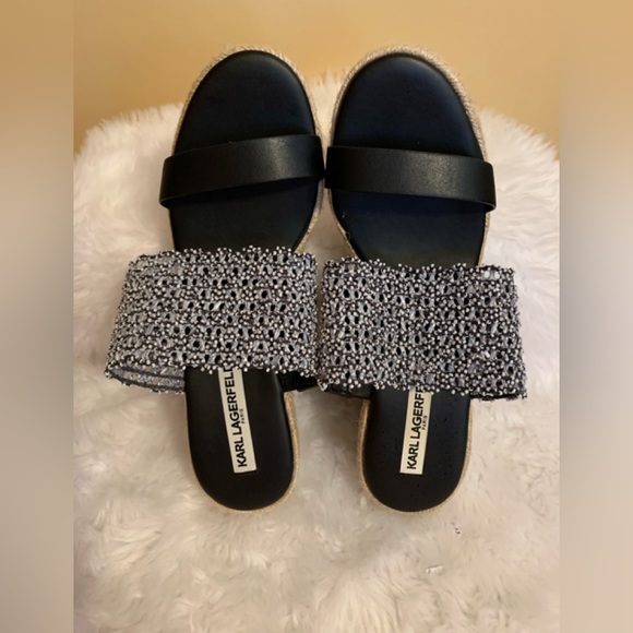 KARL LAGERFELD Celie Black Espadrilles wedge slide sandal size 9.5 LNWOT - Picture 4 of 10